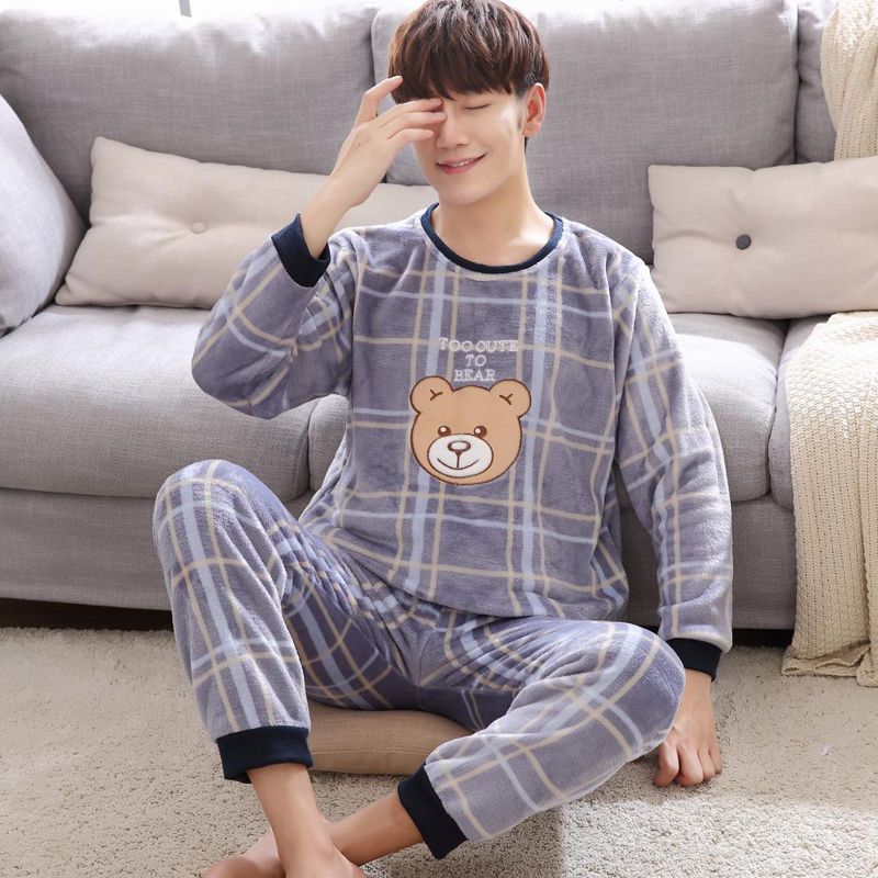 男士睡衣秋冬季珊瑚绒加厚加绒加大码卡通青少年法兰绒家居服冬款