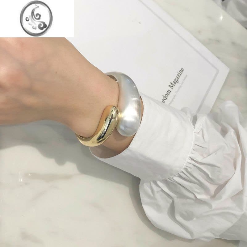 JiMi新款欧美流行简约冷淡风双头双色拼接开口合金弹簧宽手镯女配饰品图片