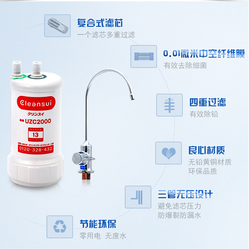 日本三菱 可菱水(CLEANSUI)净水器U-A501 家用净水机直饮机厨房台下式净水机水龙头过滤器 日本原装进