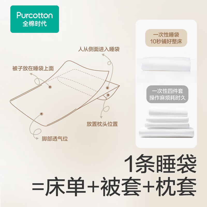 全棉时代一体式次抛双人睡袋平纹45g,190*200cm(双人),1件/包高清大图