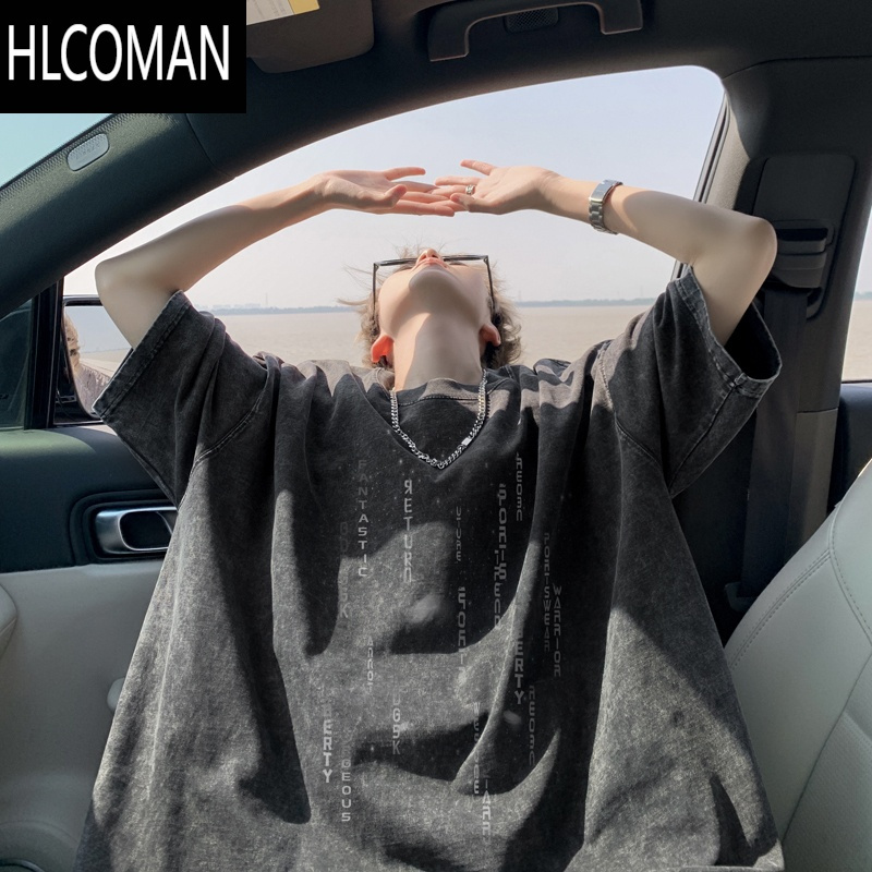 HLCOMAN夏季美式字母水洗做旧短袖T恤男宽松半袖百搭体恤情侣落肩打底衫