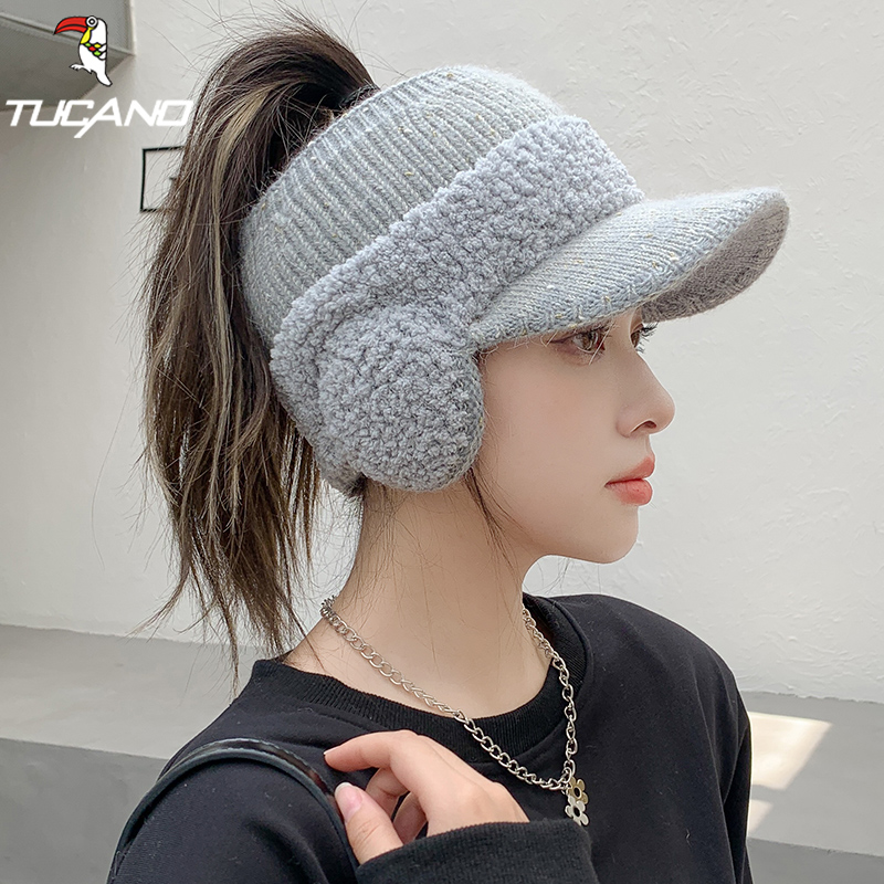 啄木鸟帽子女秋冬毛线帽加厚保暖户外骑车护耳女士空顶棒球帽冬球高清大图