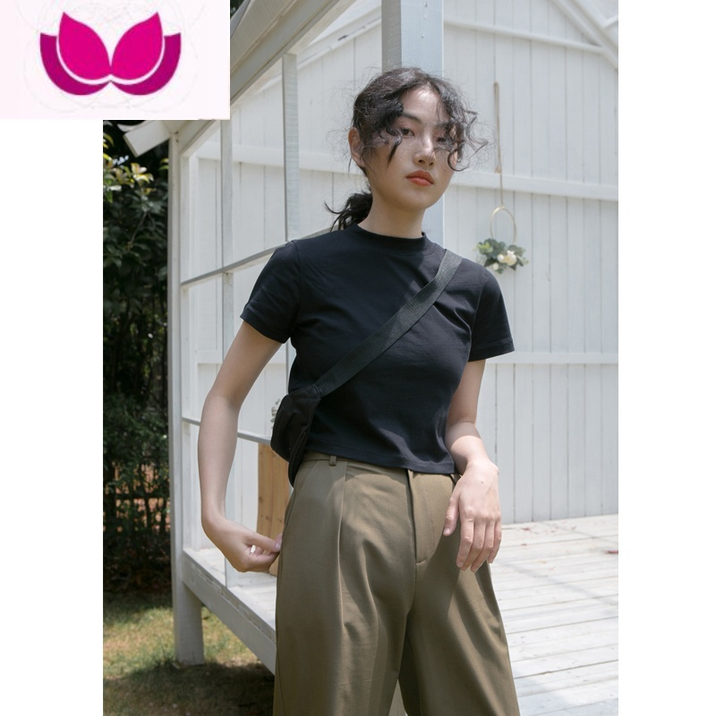 七斓 短款露脐短袖t恤女2023新款纯色简约棉白色圆领上衣
