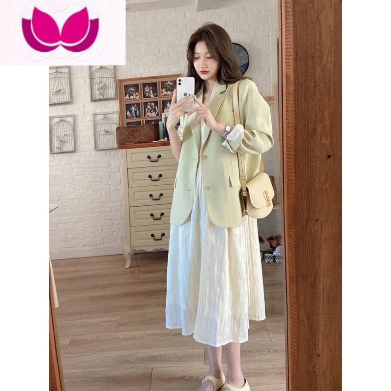 七斓2023年新款春装法式小香风茶歇桔梗西装吊带连衣裙子套装女早春茶 2XL(建议140-160斤) 白色吊带裙