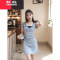 YIBUSHENG假两件蝴蝶结印花连衣裙2024新款女季修身收腰包臀裙a字长裙子