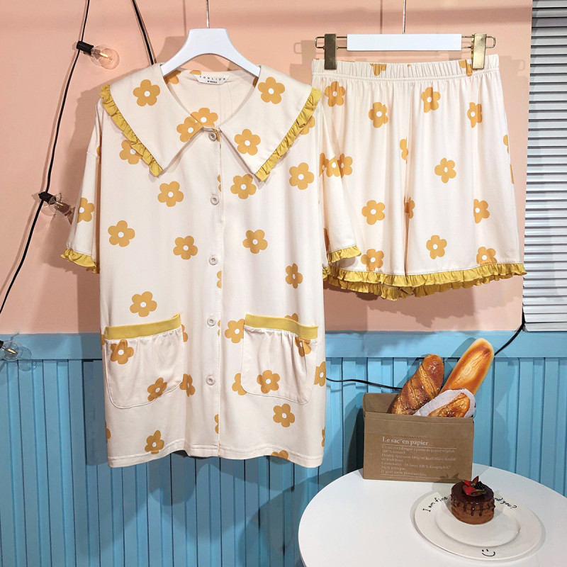 [2.5折价92元]唐狮睡衣女夏女士家居服短袖休闲开衫女夏季薄款睡衣短裤