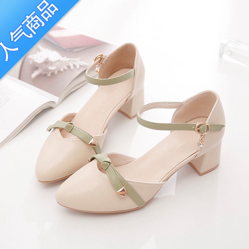 SUNTEK中空凉鞋女夏2023新款中跟百搭粗跟一字扣仙女风高跟鞋包仙E高鞋高清大图