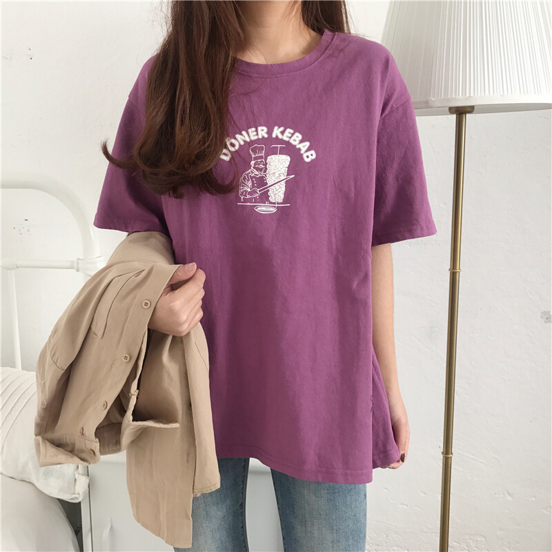 2018新款女小衫女装春装韩国上衣宽松圆领短袖T恤女打底衫潮红色均码