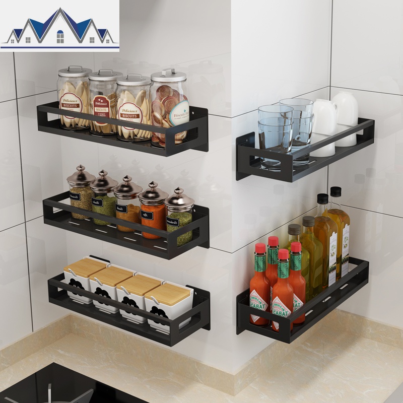 免打孔不锈钢厨房置物架挂壁式调味品黑色家居用品收纳架子调料架_3_235高清大图