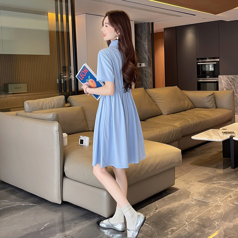 [2.5折价137元]唐狮翻领衬衫短袖连衣裙新款女夏季收腰裙子经典气质连衣裙r