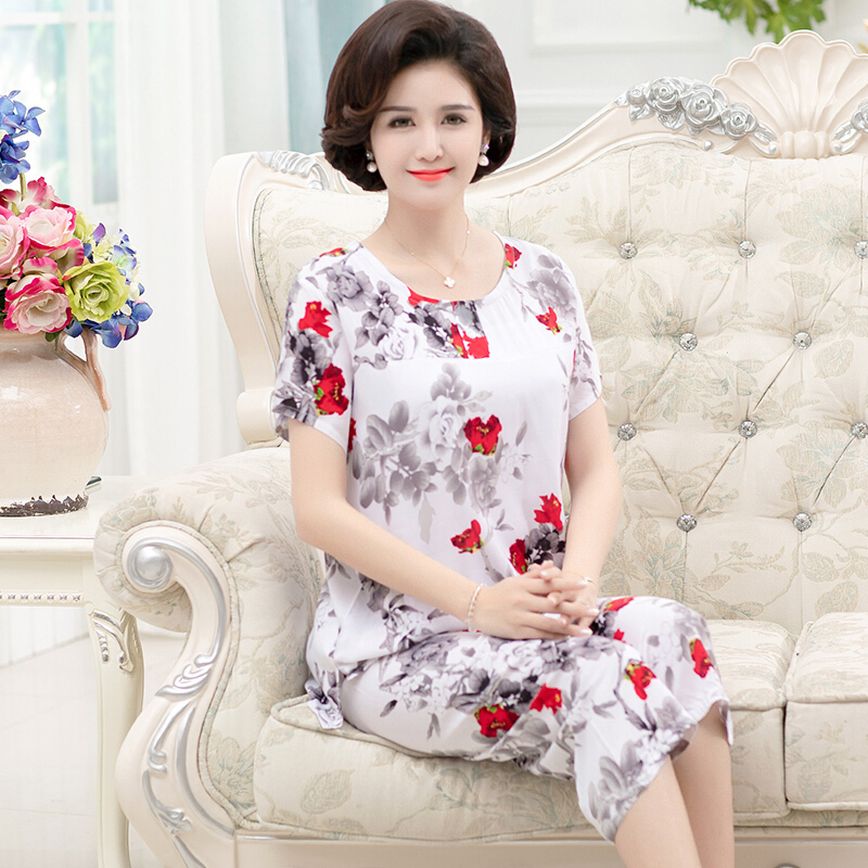 波迷娜(BOMINA)中老年棉绸睡衣女马裤套装2021新款女夏季老人绵绸短袖服人造棉两套妈妈棉绸套装薄