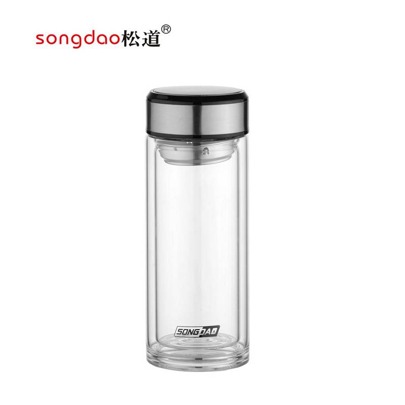 松道 玻璃杯 双层玻璃杯双层玻璃水杯带盖耐高温茶水分离便携旅行杯泡茶杯SD199系列本色450ML高清大图