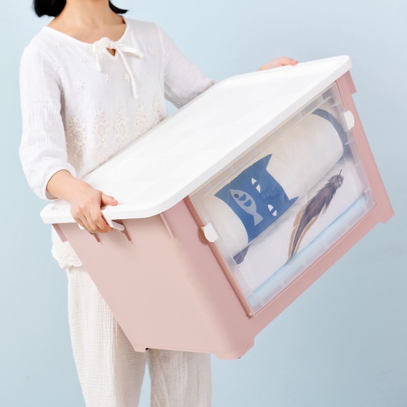 大号塑料收纳箱侧开透明可视衣服被子储物箱带轮整理盒子 三维工匠高清大图