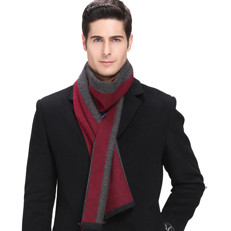 恒源祥羊绒围巾男士秋冬季韩版百搭红色加厚保暖格子羊毛围脖高档