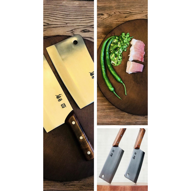 [拿铁OYZ手工锻打中华家刀]文武双刀(切片刀、崭骨刀)、菜刀刚玉磨刀石三件套(至亲版 )