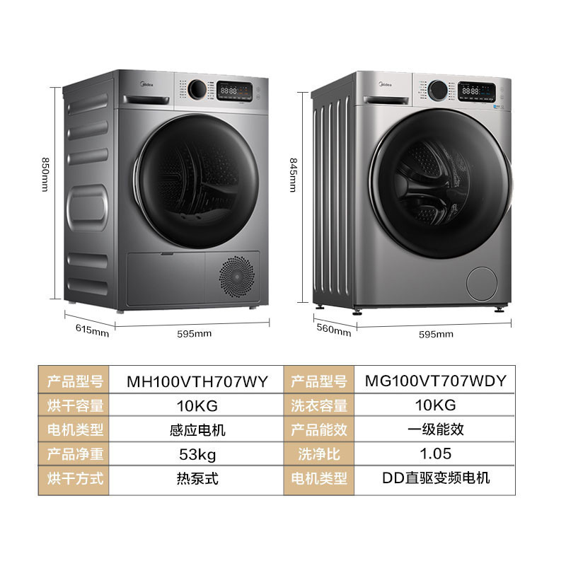 美的(Midea)洗衣机全自动滚筒智能洗烘套装热泵烘干机干衣机 10公斤直驱变频家用除菌除螨707+707