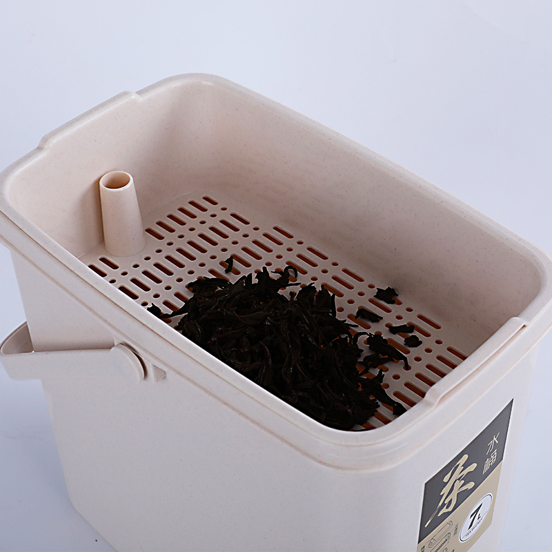 唐宗筷 茶渣桶 方形按键弹盖滤茶桶 茶叶垃圾桶 泡茶滤水桶 带水管排水桶 储茶桶 米色 小号 7L C6804