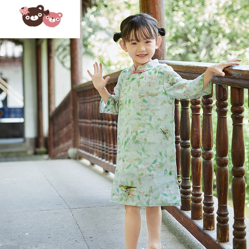 绿彩虹光女童旗袍2021年新款洋气春秋中国风苎麻连衣裙长款复古中大童唐装裙子