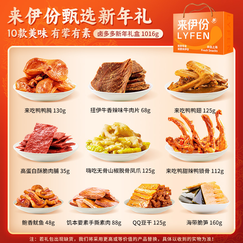 [团购]来伊份新年卤味礼盒1016g卤鸭零食礼盒大礼包 卤味豆干肉脯鸭脖鸭翅鸭肉礼物送礼
