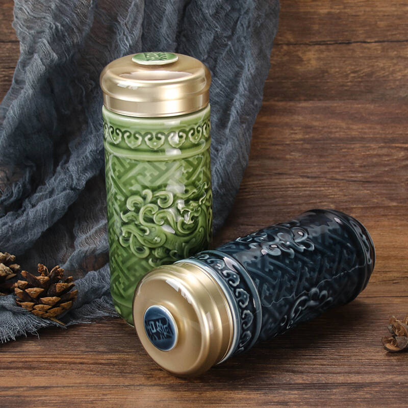 乾唐轩活瓷盛世祥龙随身杯双层便携带盖陶瓷泡茶水杯子商务送礼品