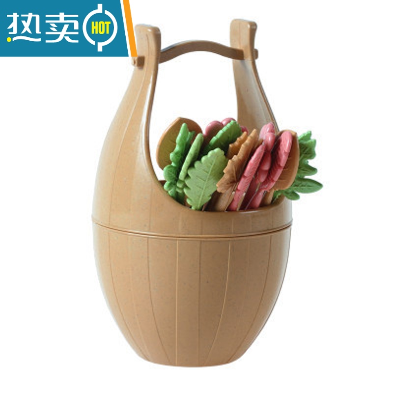 敬平木桶水果叉家用套装甜品点心蛋糕叉可爱水果签果插吃水果的小叉子 浅棕色