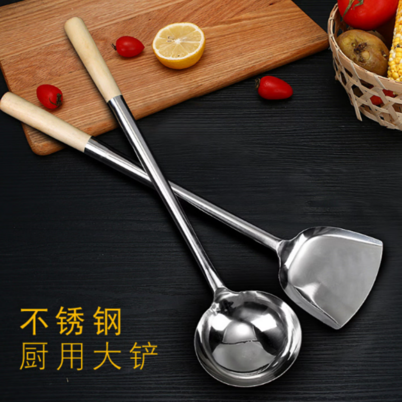 顺安联盾无磁不锈钢炒菜勺大勺子马勺大锅勺 木柄不锈钢镜面炒勺(8两)高清大图