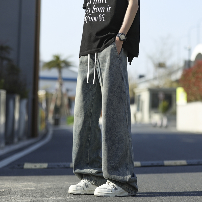 牛仔裤子男款春秋季美式高街男生阔腿宽松直筒裤休闲长裤子 2XL 蓝色