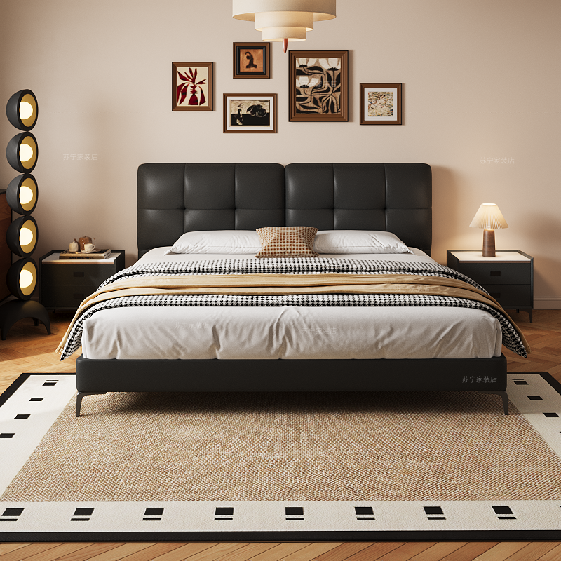 头层牛皮床主卧次卧双人大床实木真皮极简婚床高清大图