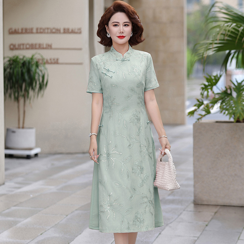 纤孜雅 夏季妈妈印花短袖连衣裙上衣新款中来年复古改良旗袍裙子洋气高清大图