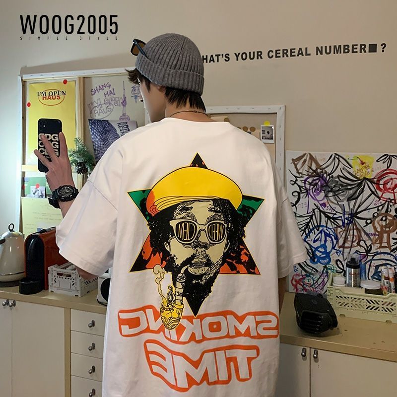 WOOG2005短袖男夏季新款INS港风宽松体恤国潮街头上衣大码胖子T