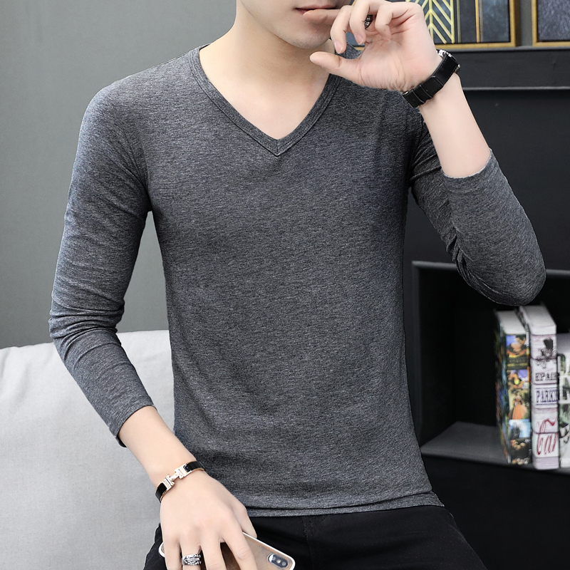 男士秋衣上衣薄款可外穿纯棉休闲v领长袖秋季保暖内衣男单件上身