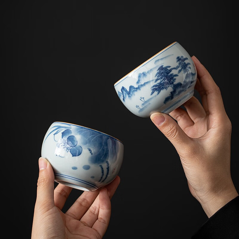 苏氏陶瓷手绘个人功夫茶杯国潮风主人杯品茗杯工艺师荷花山水款礼盒J0522_高清大图