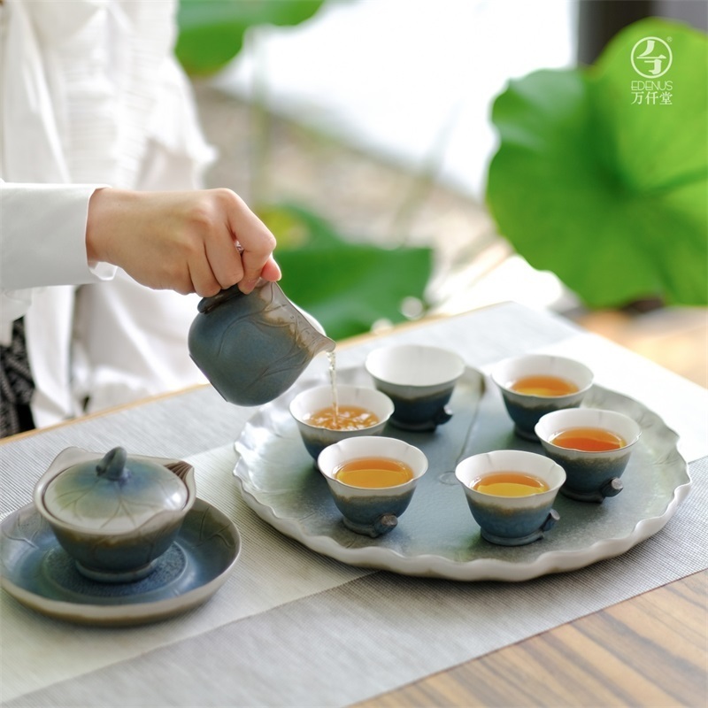 万仟堂秋荷一池02·成套(新)(1壶1承1海6杯)高清大图