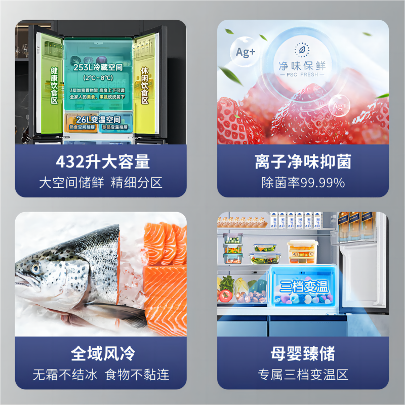 澳柯玛432升十字对开门冰箱 四开门变频一级能效 风冷无霜纤薄机身超薄嵌入离子净味大容量精细分储BCD-432WPNE