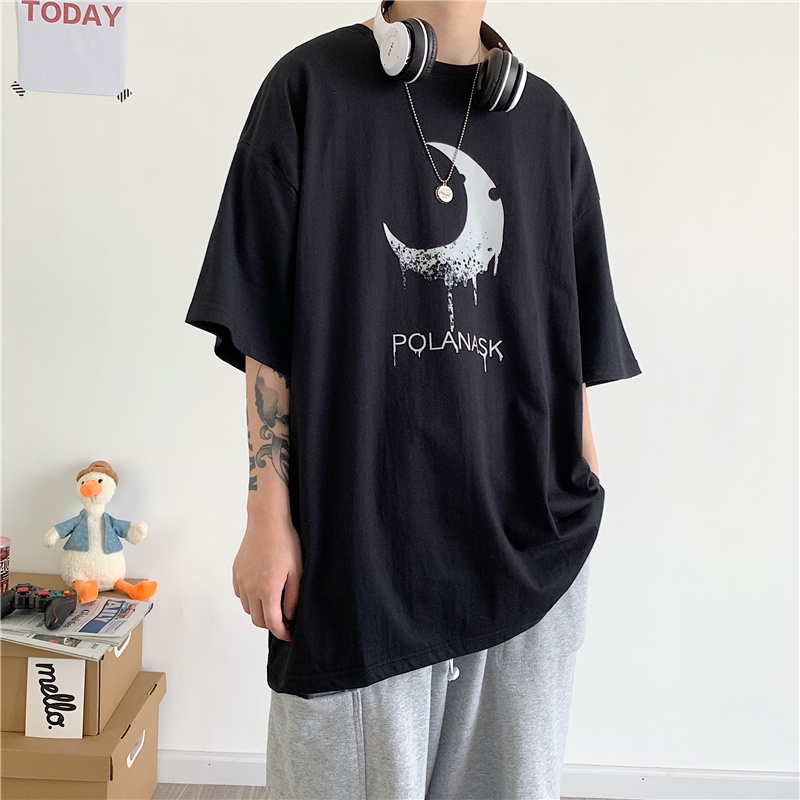 原宿风宽松五分袖男韩版潮流短袖t恤ins夏季学生百搭帅气半袖衣服 黑色 S