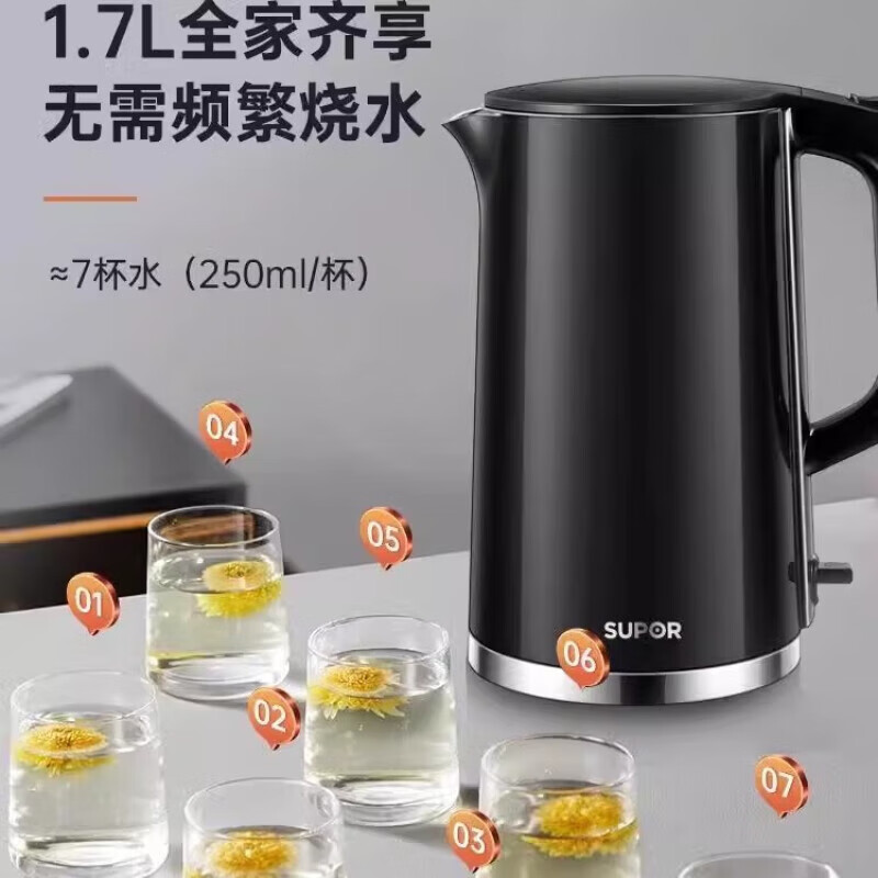 苏泊尔(SUPOR)电水壶烧水壶双层防烫大功率无缝内胆家用1.7L大容量电热水壶电热水壶自动断电SW-17S16L