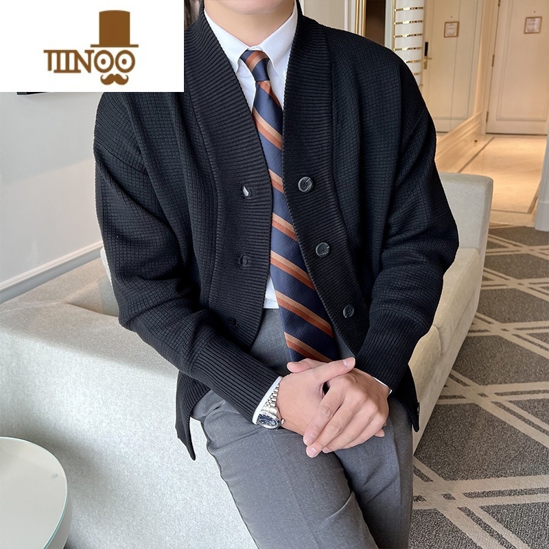 YANXU新款V领开衫男 英伦商务复古针织衫韩版个性纯色休闲毛衣外毛高清大图