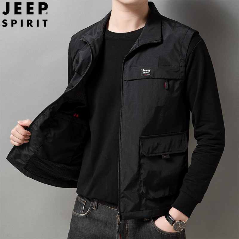 JEEP SPIRIT春季男士马甲外穿休闲立领户外运动速干背心帅气马夹 黑色 XL