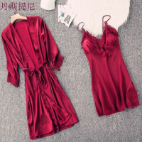 结婚性感睡衣女夏季带睡裙两件套带胸垫丝绸酒红家居服春秋夏天