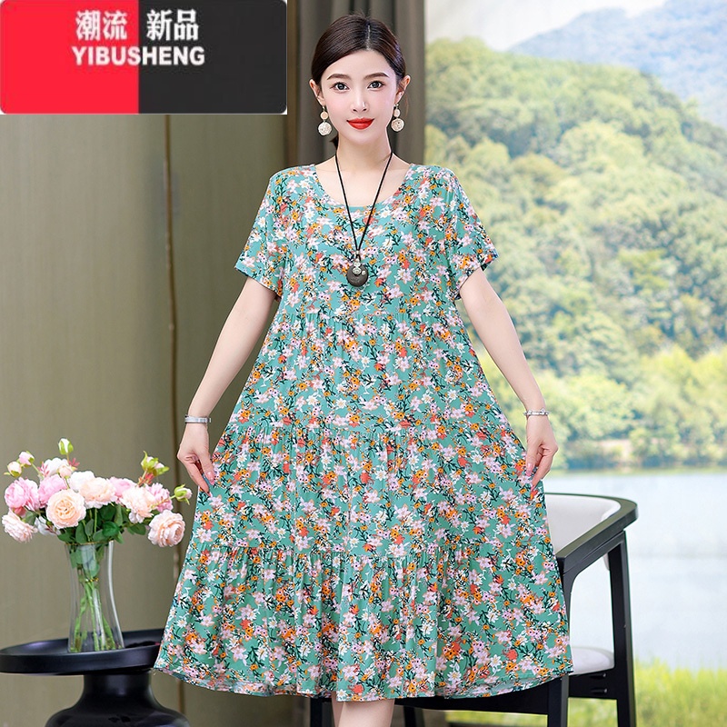 YIBUSHENG棉绸连衣裙女季大码时尚年轻妈妈装气质甜美孕妇碎花中装妈气裙 3XL建议130-145斤 216#1号