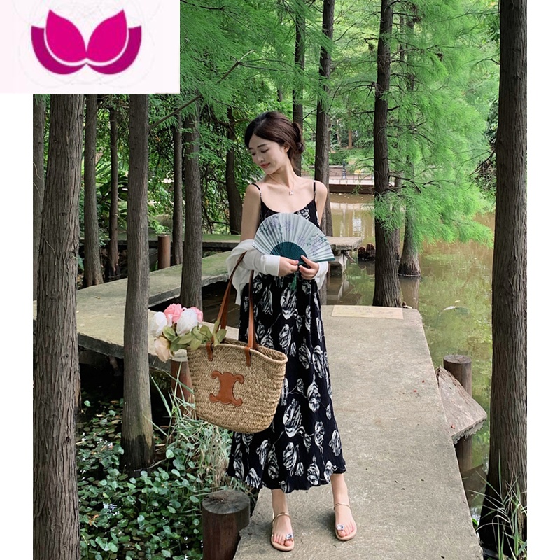 七斓三亚旅行云南西双版纳海边度假旅游穿搭女装沙滩泰国套装连衣裙夏 黑色印花吊带裙 L