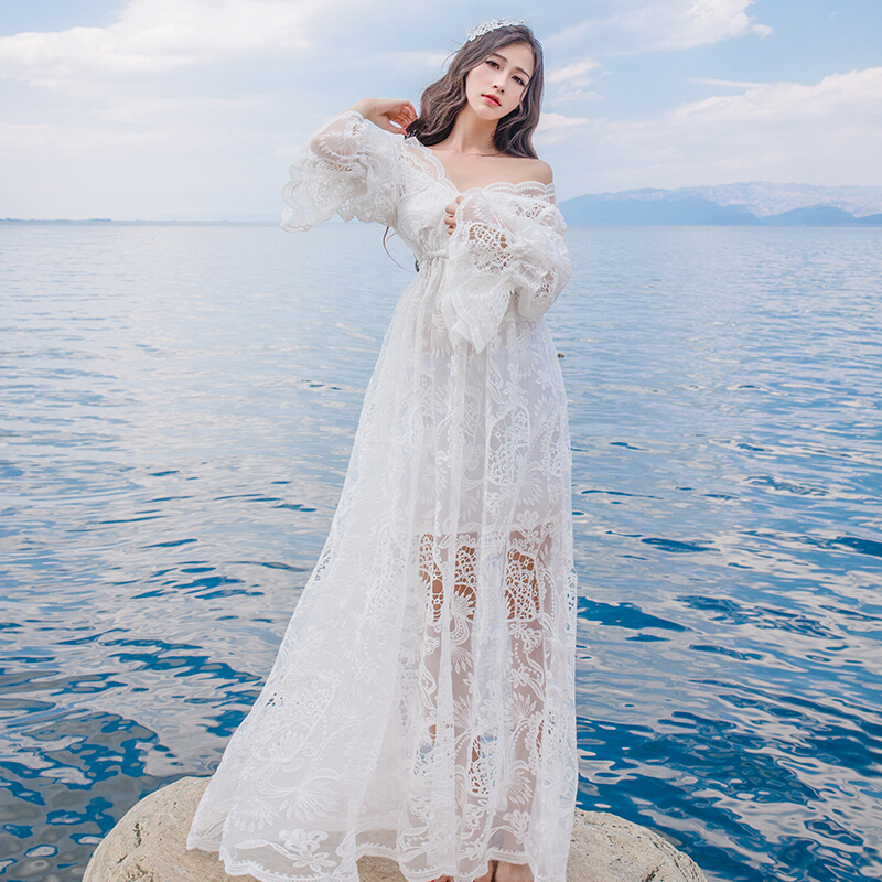 文艺复古一字领蕾丝宽松礼服长裙白色镂空大摆仙女写真度假沙滩裙白色