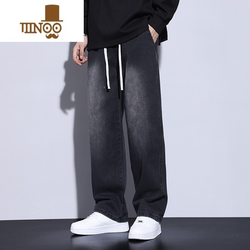 YANXU黑色牛仔裤男休闲潮流潮牌美式高街阔腿裤子ins宽松水洗长裤直筒高清大图