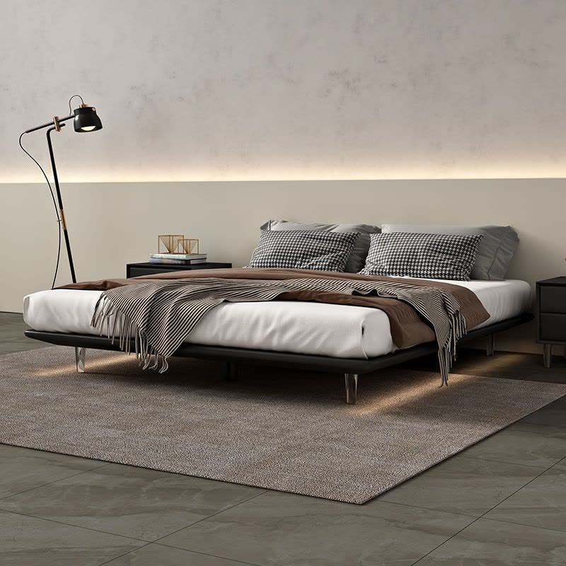 意式极简无床头床悬浮床主卧现代简约带感应灯悬空床架实木床图片