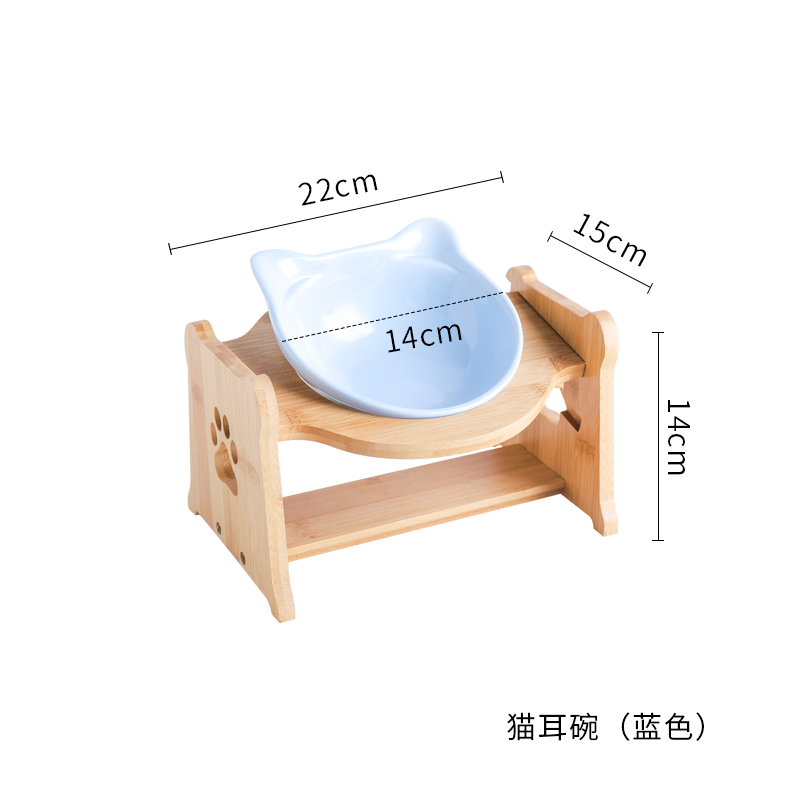 猫碗宠物用品碗陶瓷双碗食盆防打翻木架护颈吃饭喝水斜口碗猫咪碗 猫耳单碗+木架+纯蓝色 高度调节大小通用