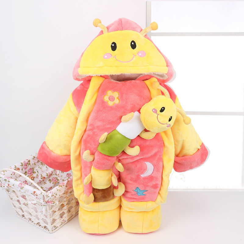 新生儿加棉衣服婴儿加厚绒连体衣宝宝哈衣冬季外出服抱被 毛毛虫西红色 73码(建议6-9个月)