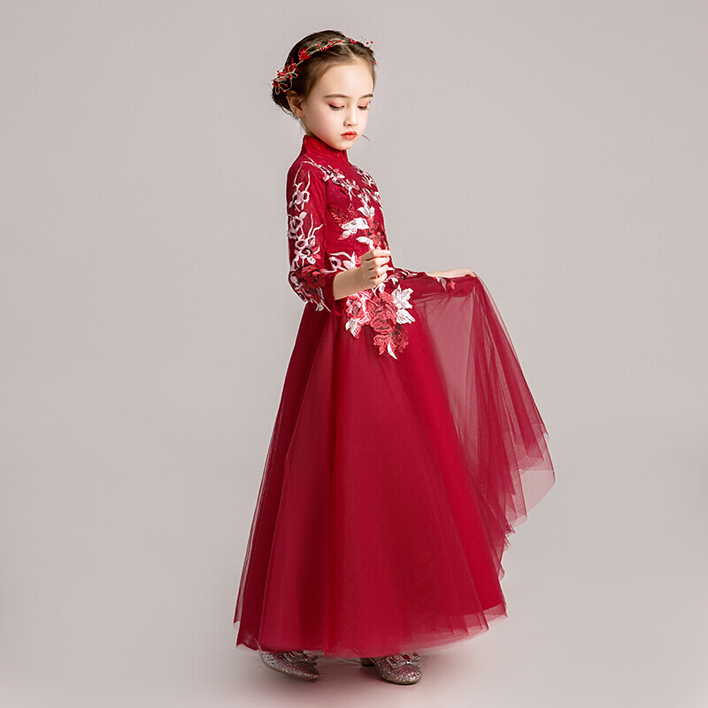 迪鲁奥(DILUAO)蓬蓬裙儿童礼服长袖花童冬季婚纱裙女童生日公主裙小主持人演出服