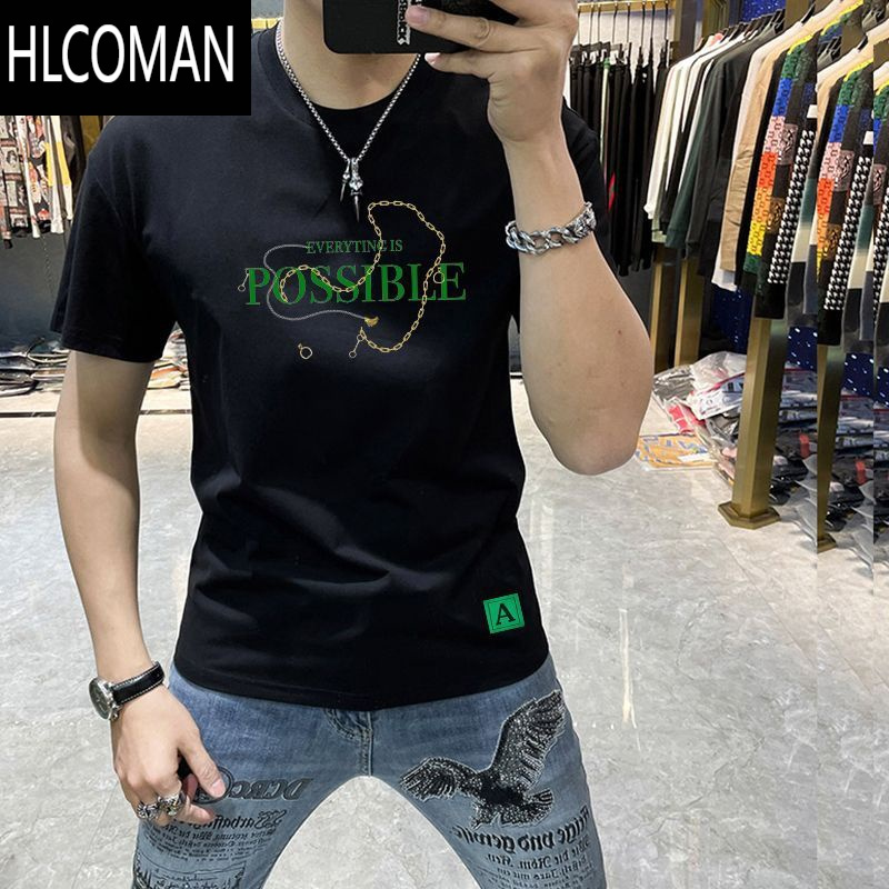 HLCOMAN欧洲站2023新款男士t恤短袖字母印花潮流百搭修身帅气上衣服