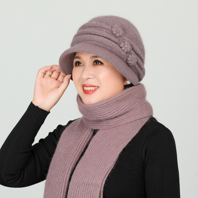 古达帽子女冬季中老年女士保暖毛线帽加绒围巾套装妈妈帽老人帽