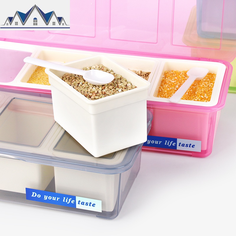 带勺调料盒厨房家用品具调味瓶盐味精佐料盒罐翻盖二三四格收纳盒 三维工匠高清大图